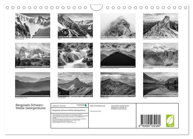 Produktbild: Bergpixels Schwarz-Wei&szlig;e Gebirgstr&auml;ume (Wandkalender 2027 DIN A4 quer), CALVENDO Monatskalender