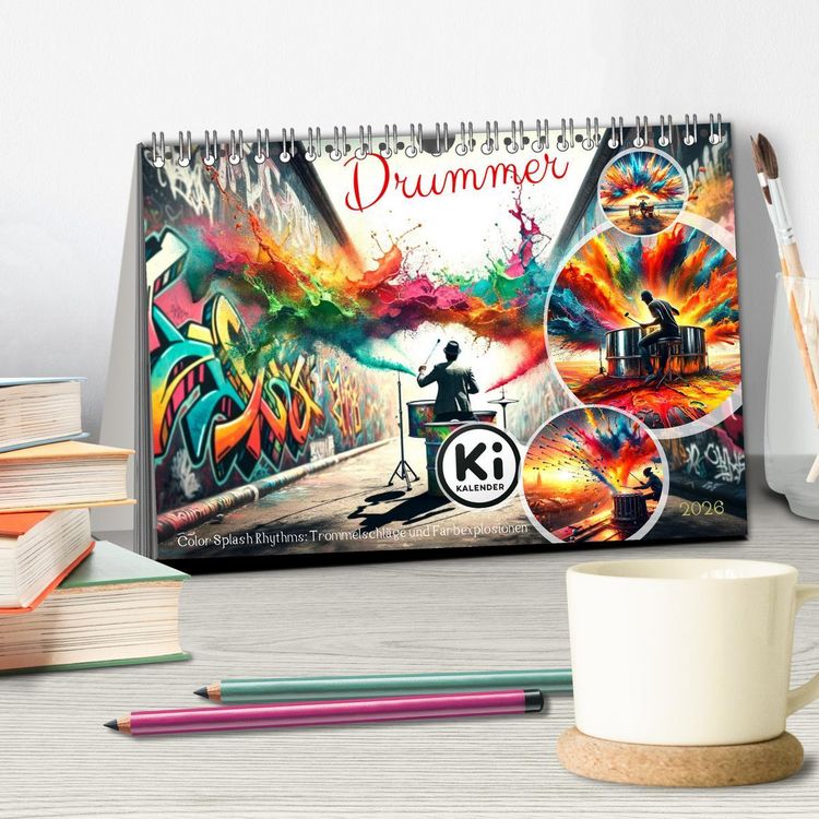 Produktbild: Drummer - Color Splash Rhythms: Trommelschl&auml;ge und Farbexplosionen (Tischkalender 2026 DIN A5 quer), CALVENDO Monatskalender