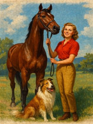 Produktbild: CALVENDO Puzzle Frau der 50er Jahre mit Pferd | 1000 Teile Lege-Gr&ouml;&szlig;e 64x48cm Foto-Puzzle f&uuml;r gl&uuml;ckliche Stunden