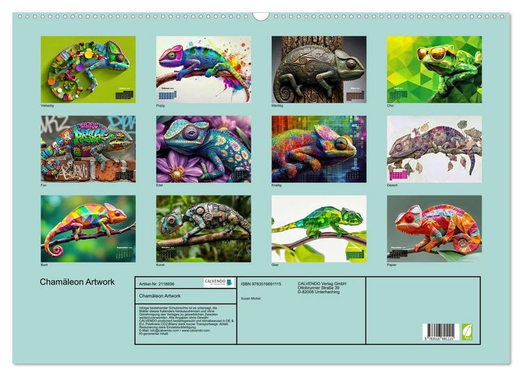 Produktbild: Cham&auml;leon Artwork (Wandkalender 2026 DIN A2 quer), CALVENDO Monatskalender