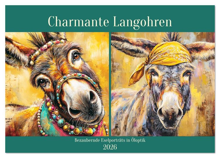 Produktbild: Charmante Langohren. Bezaubernde Eselportr&auml;ts in &Ouml;loptik (Wandkalender 2026 DIN A3 quer), CALVENDO Monatskalender