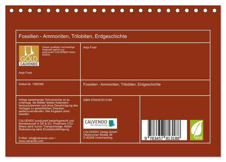 Produktbild: Fossilien - Ammoniten, Trilobiten, Erdgeschichte (Tischkalender 2026 DIN A5 quer), CALVENDO Monatskalender