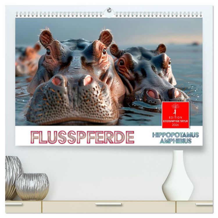 Produktbild: Flusspferde - Hippopotamus amphibius (hochwertiger Premium Wandkalender 2026 DIN A2 quer), Kunstdruck in Hochglanz
