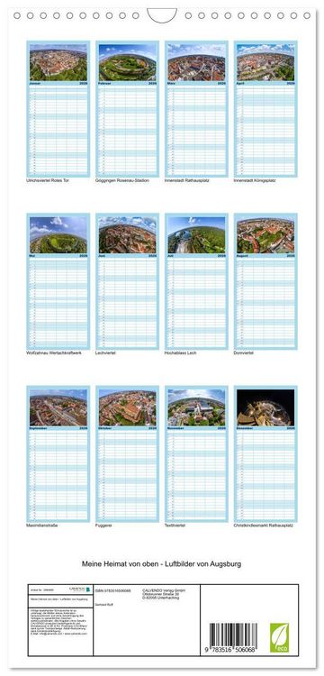 Produktbild: Familienplaner 2026 - Meine Heimat von oben - Luftbilder von Augsburg mit 5 Spalten (Wandkalender, 21 x 45 cm) CALVENDO