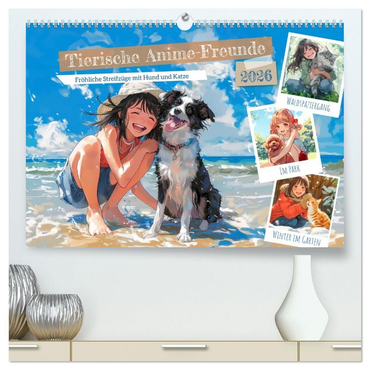 Produktbild: Tierische Anime-Freunde - Fr&ouml;hliche Streifz&uuml;ge mit Hund und Katze (hochwertiger Premium Wandkalender 2026 DIN A2 quer), Kunstdruck in Hochglanz