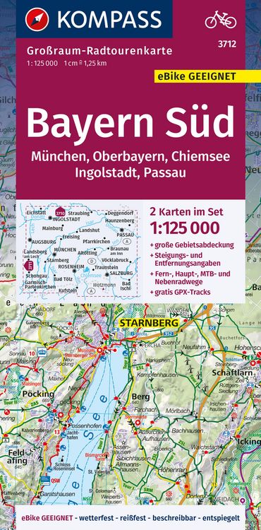 Produktbild: KOMPASS Gro&szlig;raum-Radtourenkarte 3712 Bayern S&uuml;d, Oberbayern, Chiemsee, Ingolstadt, Passau, M&uuml;nchen, 1:125.000