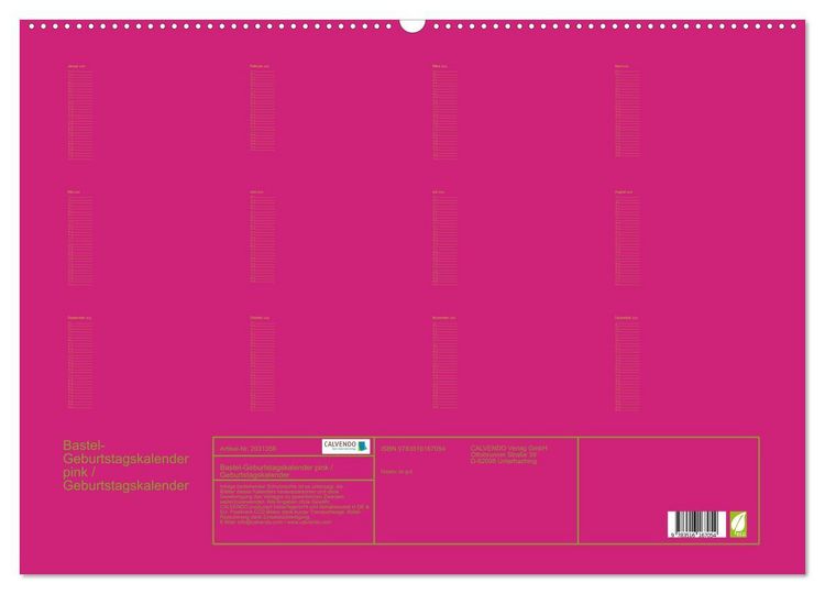 Produktbild: Bastel-Geburtstagskalender pink / Geburtstagskalender (Wandkalender 2026 DIN A2 quer), CALVENDO Monatskalender