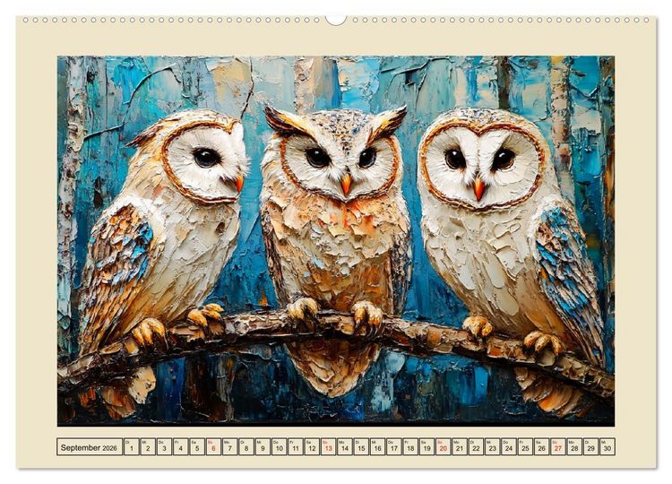 Produktbild: Bunte Eulenpoesie. Kunstvolle V&ouml;gel in &Ouml;lgem&auml;lde-Optik (Wandkalender 2026 DIN A2 quer), CALVENDO Monatskalender