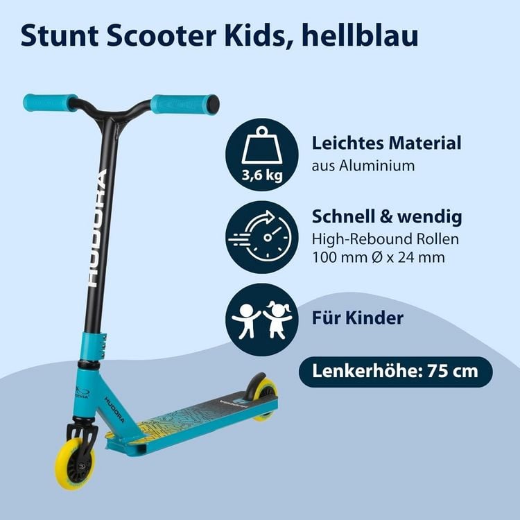 Produktbild: HUDORA 14058 - Stunt Scooter Kids hellblau, Cityroller f&uuml;r Kinder von ca. 6-10 Jahren