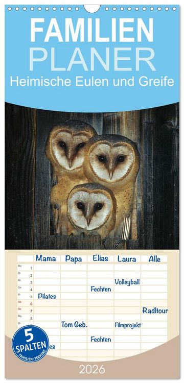 Produktbild: Familienplaner 2026 - Heimische Eulen und Greife mit 5 Spalten (Wandkalender, 21 x 45 cm) CALVENDO