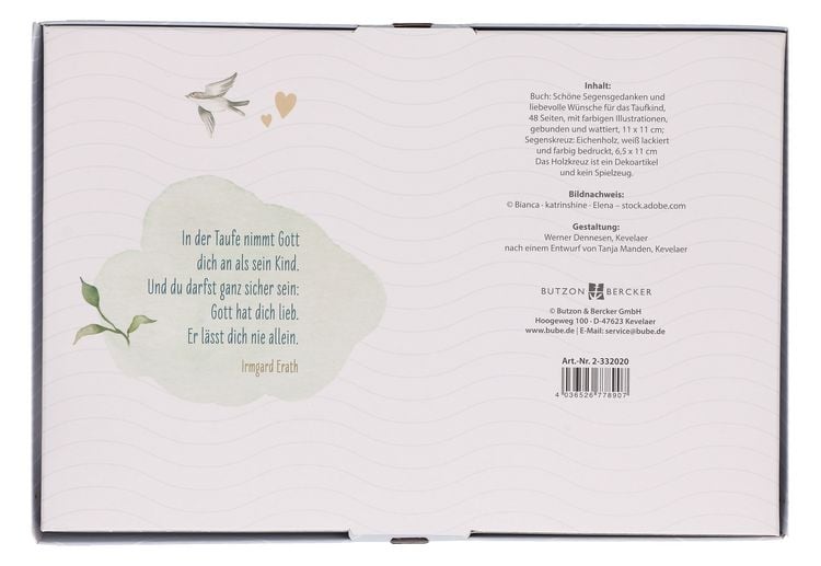 Produktbild: Butzon & Bercker Geschenkset zur Taufe 15 x 22 x 2 cm &ndash; Holzkreuz aus Buchenholz wei&szlig; lackiert mit Taufspruch, gebundenes Buch 11 x 11 cm, Lieferung in Geschenkverpackung
