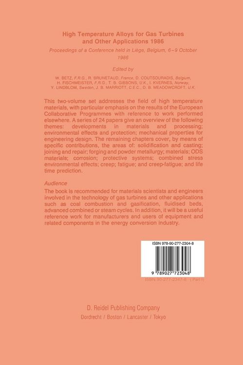 Produktbild: High Temperature Alloys for Gas Turbines and Other Applications 1986
