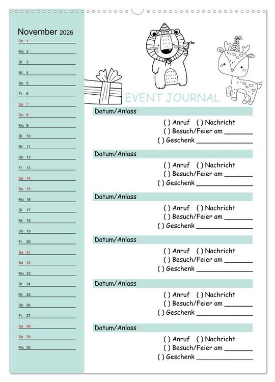 Produktbild: Geburtstagsplaner Doodle Tiere - F&uuml;r Termine, Geschenke, Eventdetails & mehr (Wandkalender 2026 DIN A2 hoch), CALVENDO Monatskalender