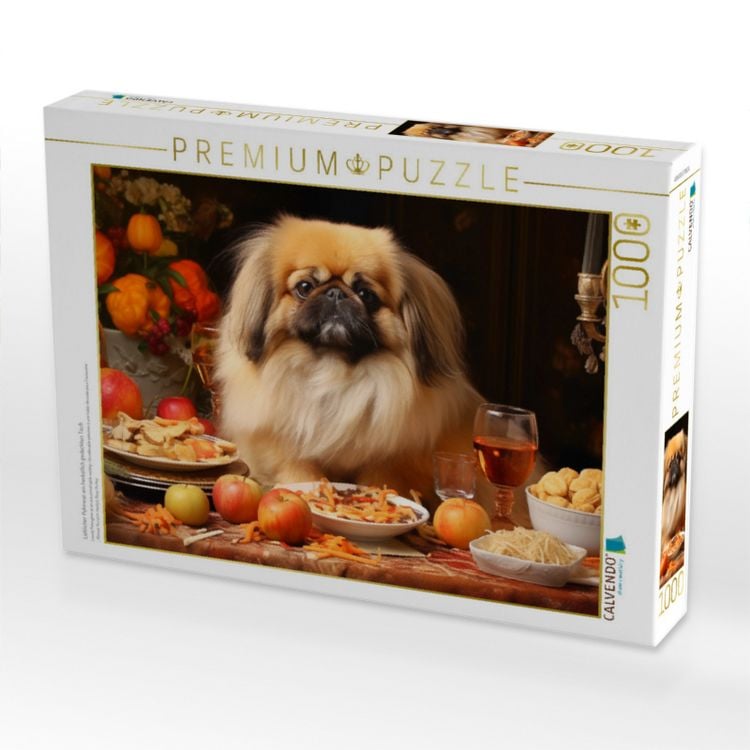 Produktbild: CALVENDO Puzzle Lieblicher Pekinese am herbstlich gedeckten Tisch | 1000 Teile Lege-Gr&ouml;&szlig;e 64x48cm Foto-Puzzle f&uuml;r gl&uuml;ckliche Stunden
