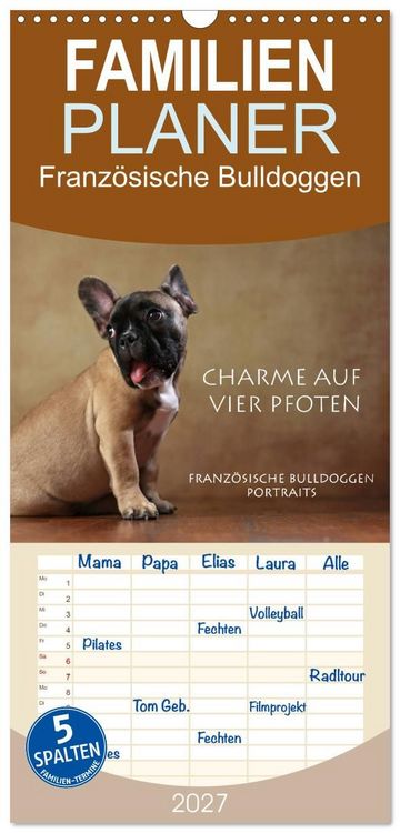 Produktbild: Familienplaner 2027 - Charme auf vier Pfoten - Franz&ouml;sische Bulldoggen Portraits mit 5 Spalten (Wandkalender, 21 x 45 cm) CALVENDO
