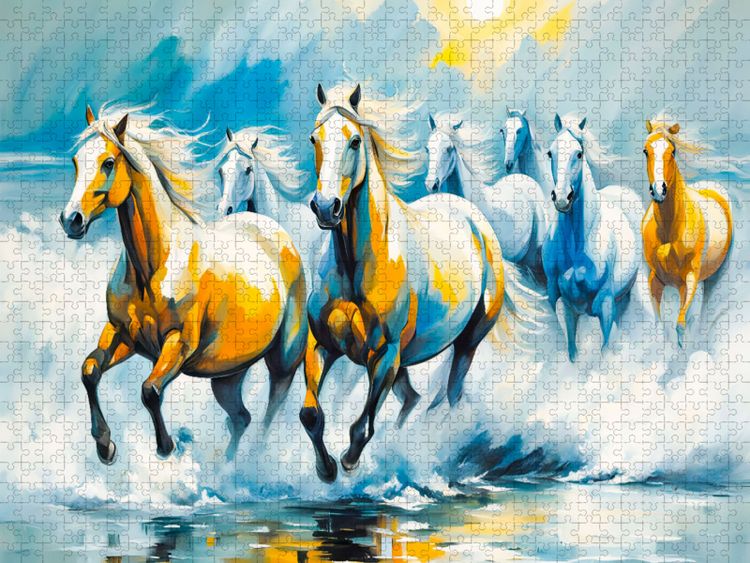 Produktbild: CALVENDO Puzzle Wildpferde im Morgenlicht am Meer | 1000 Teile Lege-Gr&ouml;&szlig;e 64x48cm Foto-Puzzle f&uuml;r gl&uuml;ckliche Stunden
