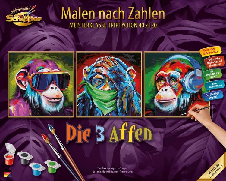 Produktbild: Schipper 609470859 - Malen nach Zahlen, Die Drei Affen, Triptychon, 40 x 120 cm