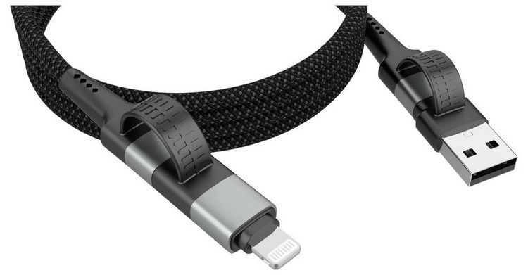 Produktbild: Ansmann USB-Kabel USB-A Stecker, USB-C&reg; Stecker, Apple Lightning Stecker 120 cm Schwarz Textil-Mantel 1700-0188