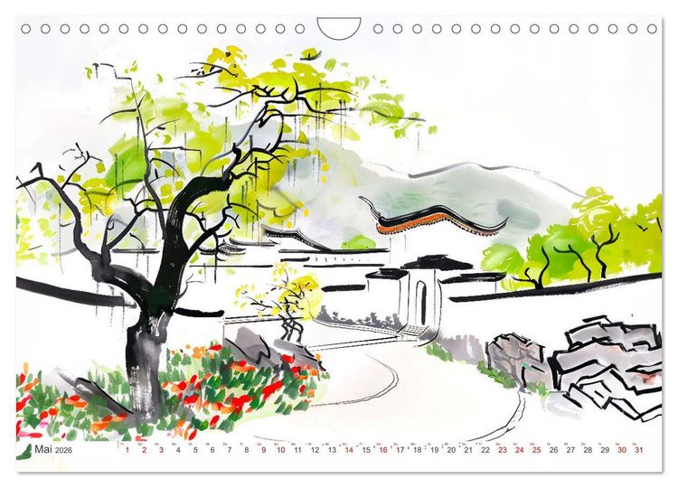 Produktbild: Fernost Impressionen - Tempel und Landschaften in KI-Tuschekunst (Wandkalender 2026 DIN A4 quer), CALVENDO Monatskalender
