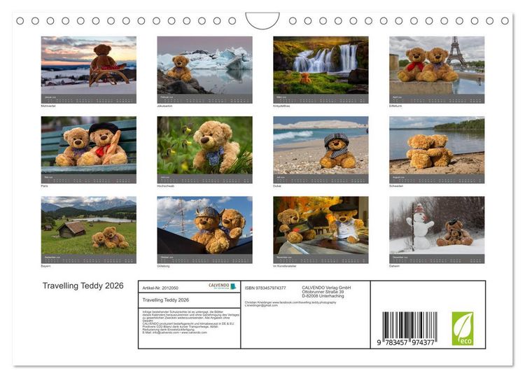 Produktbild: Travelling Teddy 2026 (Wandkalender 2026 DIN A4 quer), CALVENDO Monatskalender