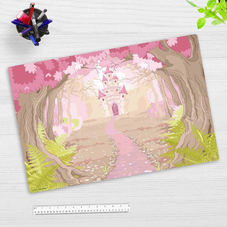 Produktbild: Cover-your-desk Schreibtischunterlage f&uuml;r Kinder und Erwachsene M&auml;rchenschloss im rosa Zauberwald, aus hochwertigem Vinyl , 60 x 40 cm