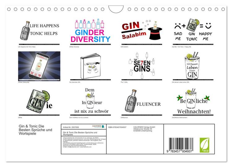 Produktbild: Gin & Tonic Die Besten Spr&uuml;che und Wortspiele (Wandkalender 2026 DIN A4 quer), CALVENDO Monatskalender