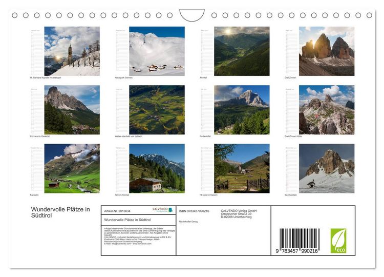 Produktbild: Wundervolle Pl&auml;tze in S&uuml;dtirol (Wandkalender 2026 DIN A4 quer), CALVENDO Monatskalender