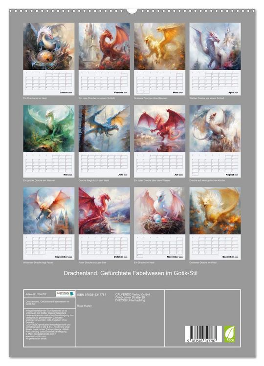 Produktbild: Drachenland. Gef&uuml;rchtete Fabelwesen im Gotik-Stil (hochwertiger Premium Wandkalender 2026 DIN A2 hoch), Kunstdruck in Hochglanz