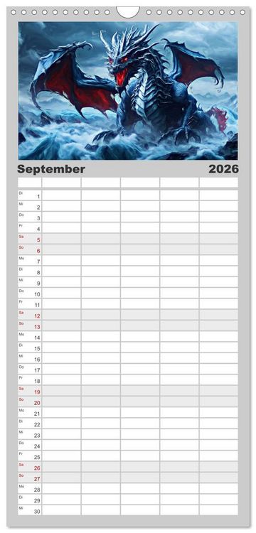 Produktbild: Familienplaner 2026 - Drachen - Gef&uuml;rchtete, aber nicht immer b&ouml;se Fabelwesen mit 5 Spalten (Wandkalender, 21 x 45 cm) CALVENDO