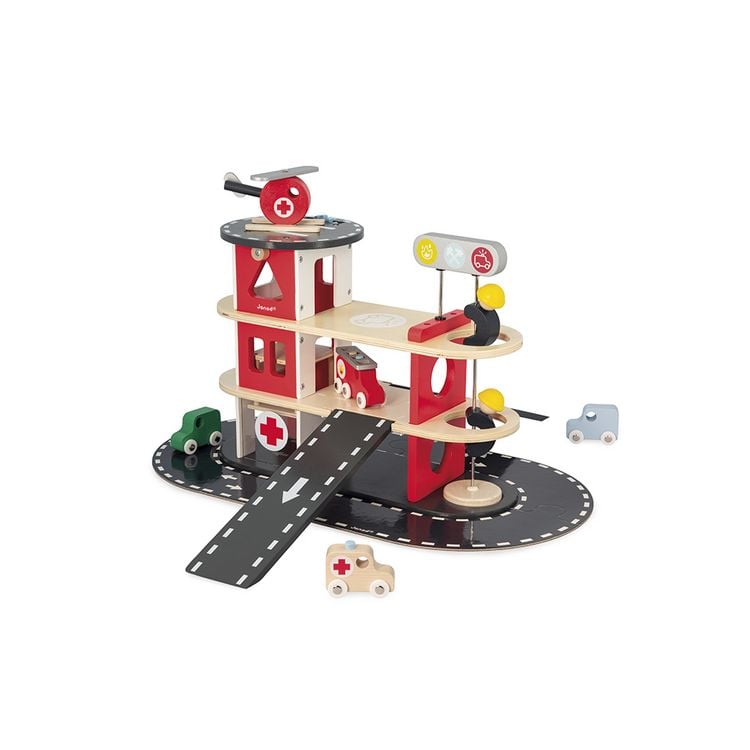 Produktbild: Holz-Feuerwehr-Spielset mit Fahrzeugen & Helikopter ab 2 Jahren