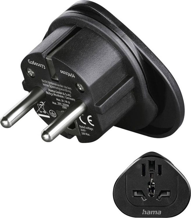 Produktbild: Hama 00223454 Reiseadapter Reiseadapter Typ E und F, 3-polig, universal, Welt nach Europa, Schwarz