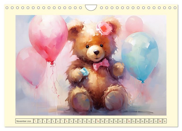 Produktbild: Teddyb&auml;r Romantik. Vertr&auml;umte Aquarelle von lieblichen B&auml;ren (Wandkalender 2026 DIN A4 quer), CALVENDO Monatskalender