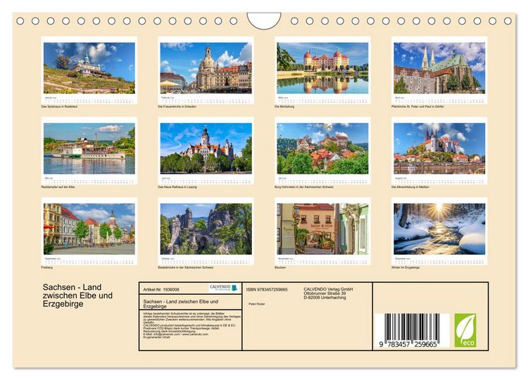 Produktbild: Sachsen - Land zwischen Elbe und Erzgebirge (Wandkalender 2026 DIN A4 quer), CALVENDO Monatskalender