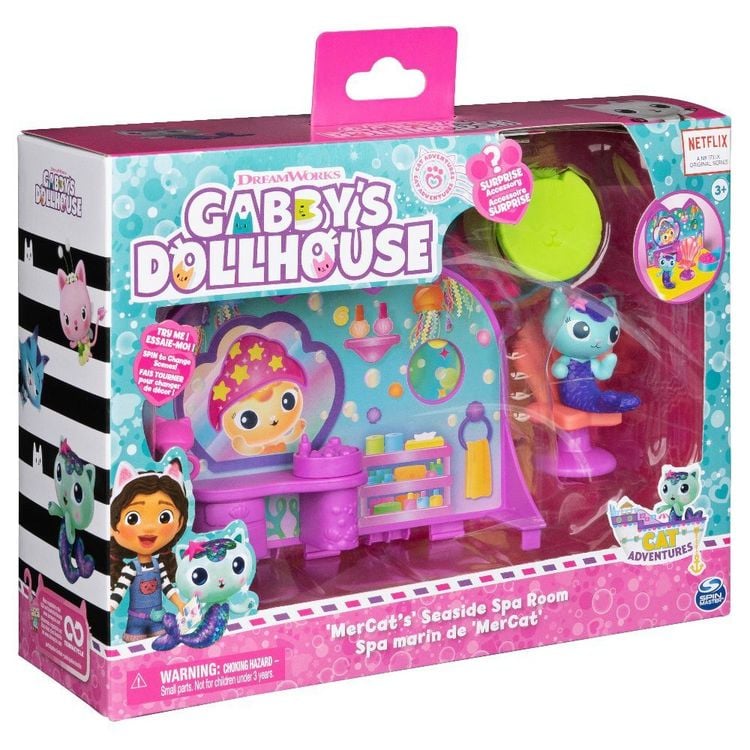 Produktbild: Gabby's Dollhouse Deluxe Room Spielset, Wellness Raum mit Meerkätzchen (engl. MerCat), Möbelstücken und thematischem Zubehör