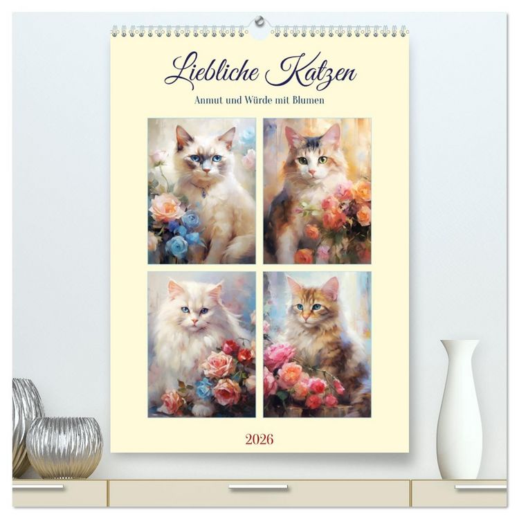 Produktbild: Liebliche Katzen. Anmut und W&uuml;rde mit Blumen (hochwertiger Premium Wandkalender 2026 DIN A2 hoch), Kunstdruck in Hochglanz