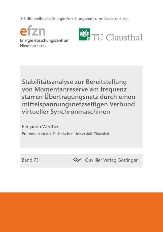Produktbild: Stabilit&auml;tsanalyse zur Bereitstellung von Momentanreserve am frequenz-starren &Uuml;bertragungsnetz durch einen mittelspannungsnetzseitigen Verbund virtuel