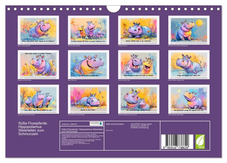 Produktbild: S&uuml;&szlig;e Flusspferde. Hippopotamus Weisheiten zum Schmunzeln (Wandkalender 2026 DIN A4 quer), CALVENDO Monatskalender