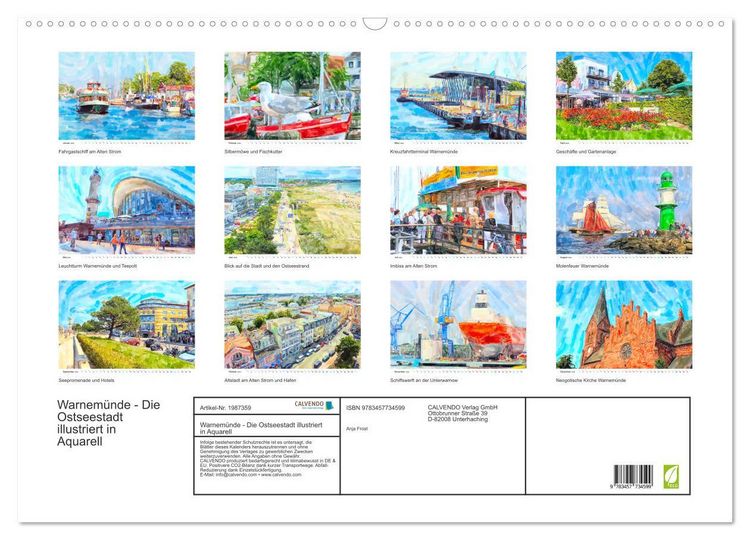 Produktbild: Warnem&uuml;nde - Die Ostseestadt illustriert in Aquarell (Wandkalender 2026 DIN A2 quer), CALVENDO Monatskalender