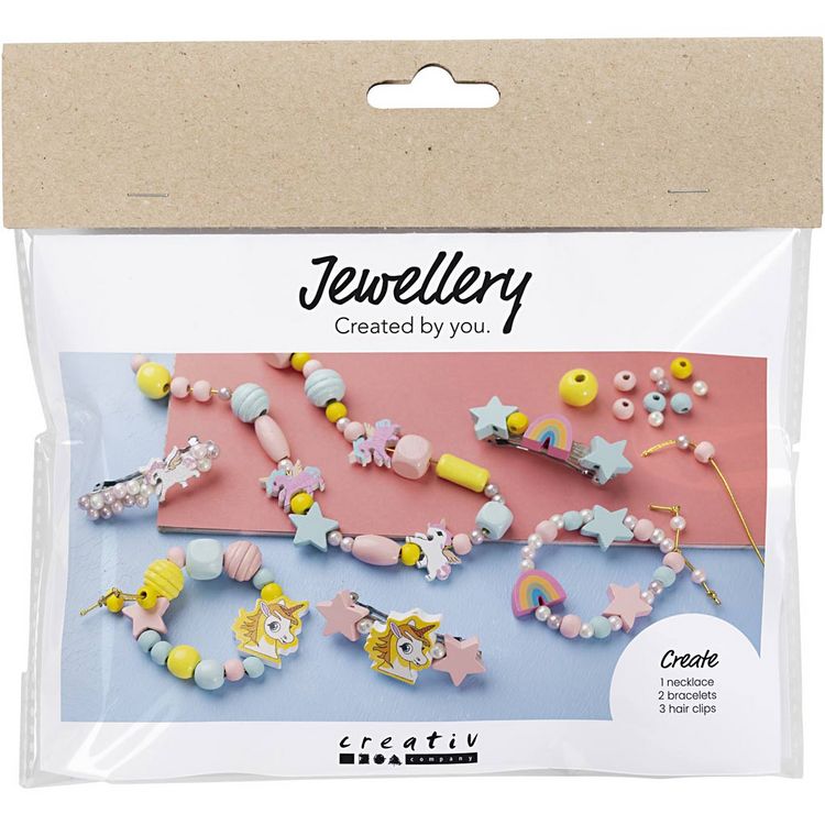 Produktbild: Creativ Company Mini Kreativ Set Schmuck, Halskette, Armb&auml;nder, Ohrringe, Hellblau, Rosa, Gelb