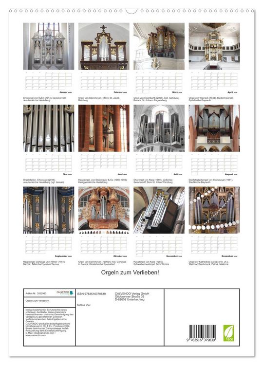 Produktbild: Orgeln zum Verlieben! (hochwertiger Premium Wandkalender 2026 DIN A2 hoch), Kunstdruck in Hochglanz