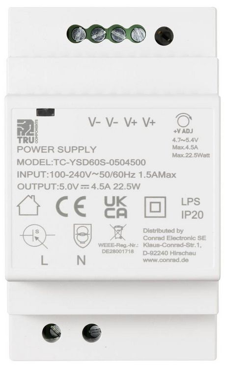 Produktbild: TRU COMPONENTS TC-13710876 Hutschienen-Netzteil (DIN-Rail) Verbrauch (StandBy) 0.3 W 5 V/DC 4.5 A 22.5 W Anzahl Ausg&auml;nge:1 x Inhalt 1 St.