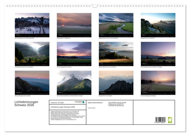 Produktbild: Lichtstimmungen Schweiz 2026 (Wandkalender 2026 DIN A2 quer), CALVENDO Monatskalender