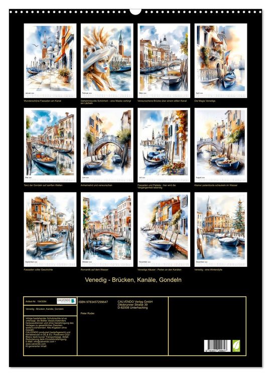 Produktbild: Venedig - Br&uuml;cken, Kan&auml;le, Gondeln (Wandkalender 2026 DIN A2 hoch), CALVENDO Monatskalender