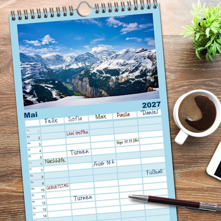 Produktbild: Familienplaner 2027 - Matterhorn - Eiger, M&ouml;nch und Jungfrau: Rund um die zeitlosen Gipfel mit 5 Spalten (Wandkalender, 21 x 45 cm) CALVENDO