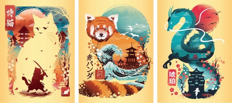 Produktbild: Minipuzzle-Trio 100 Teile - Ukiyo-e Katzenkrieger, Roter Panda & Drache