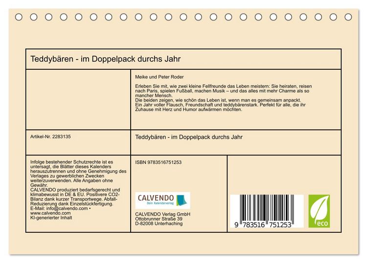 Produktbild: Teddyb&auml;ren - im Doppelpack durchs Jahr (Tischkalender 2027 DIN A5 quer), CALVENDO Monatskalender