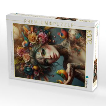 Produktbild: CALVENDO Puzzle Portrait einer Frau mit gelben organischen Haarschmuck und Paradiesv&ouml;geln auf der Hand | 2000 Teile Lege-Gr&ouml;&szlig;e 90x67cm Foto-Puzzle f&uuml;r
