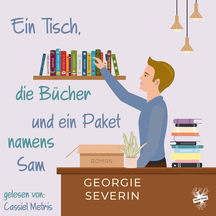 Produktbild: Ein Tisch, die B&uuml;cher und ein Paket namens Sam
