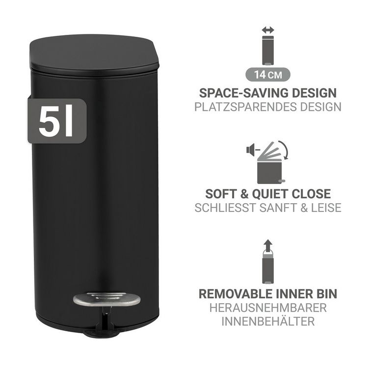 Produktbild: Kosmetikeimer Mod. Collungo, 5L, schwarz, Metall, 14x28,5x29,5 cm, easy-close Absenkautomatik