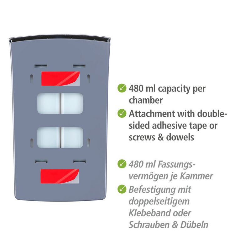 Produktbild: 2-Kammer Desinfektionsmittel- und Seifenspender Mod. Tartas Wei&szlig;, F&uuml;llmenge je Kammer: 480 ml